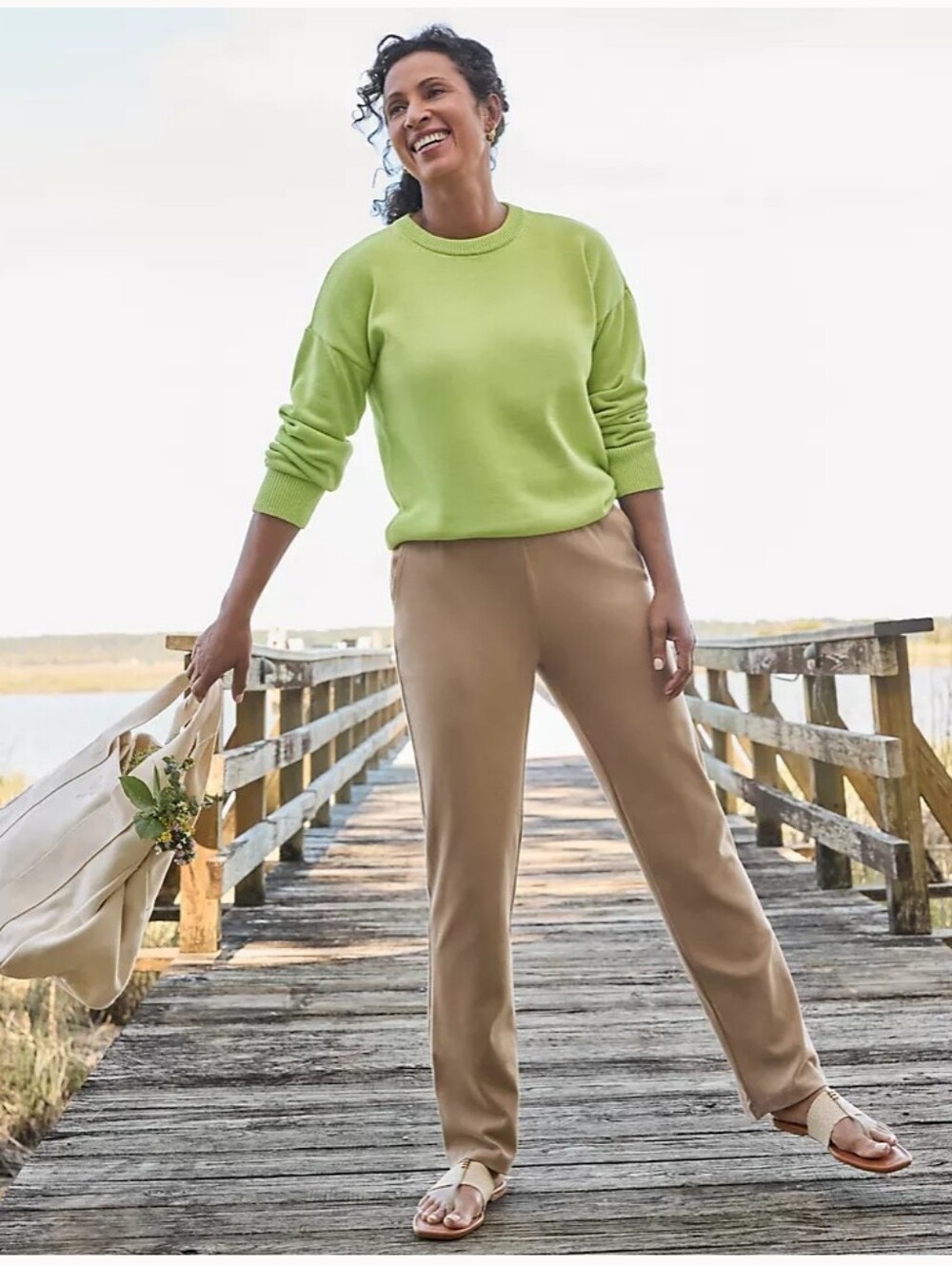 LANDS' END HIGH RISE SPORT KNIT PULL ON PANTS CASUAL WOMEN MEDIUM TAN CAMEL
